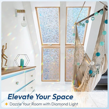 rabbitgoo Rainbow Window Privacy Film Decorative Stained Glass Diamond Pattern Window Sticker with Iridescent Tint Non-Adhesive Static Cling for Home Office Crystal Pattern, 23.6 x 157.4 inch