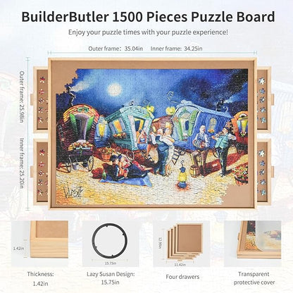 1500 Pieces Rotating Puzzle Board with 4 Drawers,34.25"x25.2" Portable Wooden Jigsaw Puzzle Table with Lazy Susan Spinning Cover for Adults