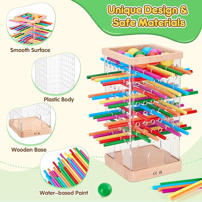 Montessori Wooden Board Games, 48 Colorful Sticks Dice Game with 12 Balls, Family Game for Kids and Adults, Math Educational Toys for 3 4 5 6 Years Old, Fine Motor Skills Toy Gifts for Boys and Girls