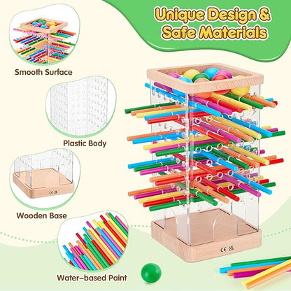 Montessori Wooden Board Games, 48 Colorful Sticks Dice Game with 12 Balls, Family Game for Kids and Adults, Math Educational Toys for 3 4 5 6 Years Old, Fine Motor Skills Toy Gifts for Boys and Girls