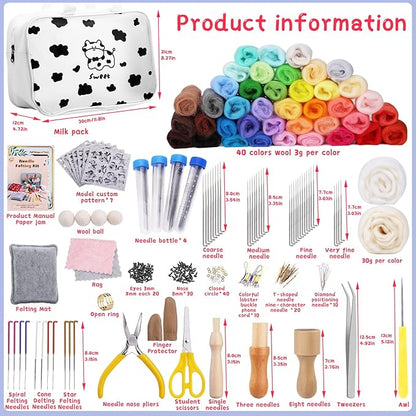 Mayboos Needle Felting Kit, 42 Colors Wool Roving Set, Needle Felting Kit with Felting Tool and Foam Mat Needle Felting Supplies for Home Decoration Felted