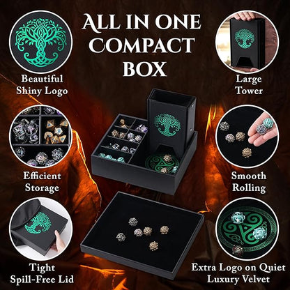 Dice Tray and Dice Tower for DND and RPG - All-in-One Game Roamer Tray & Large Tower for Random Rolls - Stores Your Sets, Mini's and More Compatible with D&D (Green Tree)