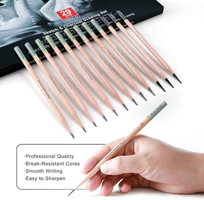 KALOUR 29 Pro Sketching Drawing Pencils Set with Roll-Up Nylon Case – 14 Graphite Pencils (14B–5H), Charcoal Pencils, Erasers, Sharpener & Stumps – Complete Art Kit for Artists & Beginner