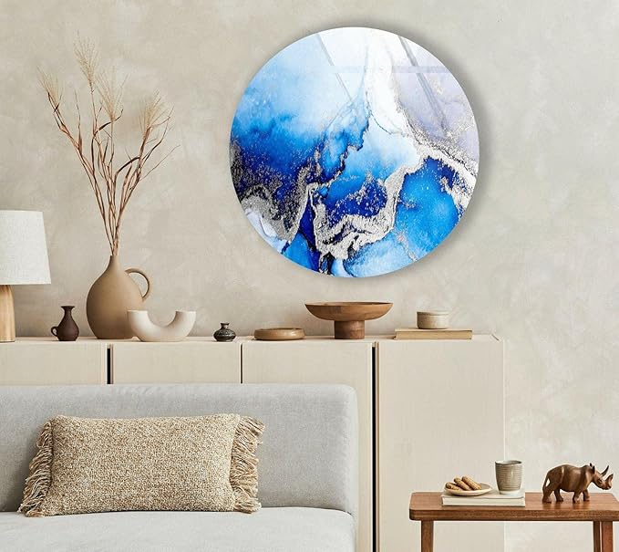 My Photostation.com 31.5''(80cm) Diameter Blue Marble Round with Silver Details Glass Wall Art Tempered Glass Printing Wall Decor Large Wall Art Wall Hangings