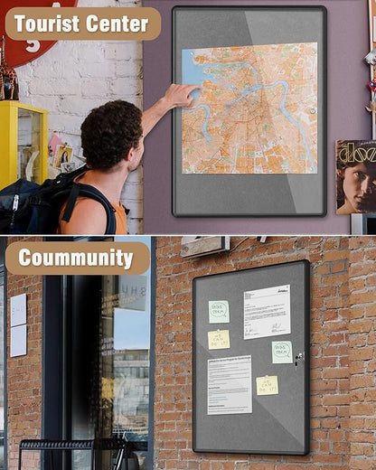 38"x28" Enclosed Bulletin Board, Lockable Weather-Resistant Aluminum Cork Noticeboard for Hospital School & Office, Black Frame w/Grey Flet
