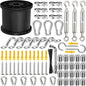 164FT Black Vinyl-Coated 304 Stainless Steel Cable – Heavy Duty String Lights Hanging Kit with Turnbuckle, Thimble & Hooks for Outdoor, Patio, Garden, Christmas Lights