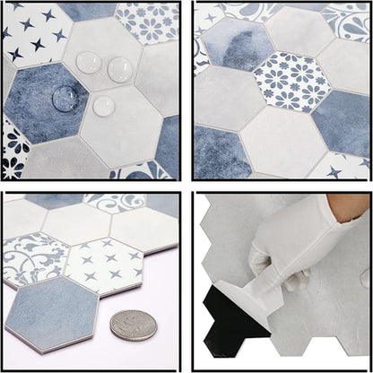 The Tiles Plaza 10-Sheet Peel and Stick Backsplash, Blue Cement Hexagon Stone Composite Marble Looks Self Adhesive Wall Tile, Stick On Tiles for Kitchen Bathroom Shower, Cover 9 Sq Ft.
