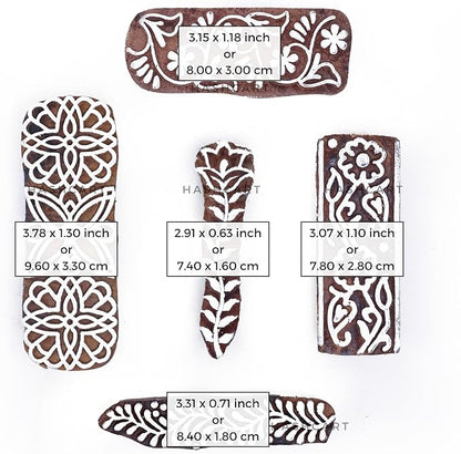 Wooden Stamps for Block Printing | Set of 5 | Border Shaped Wooden Finger Stamps, Tattoo Handcarved Indian Textile Printing Blocks for Henna Mehndi Clay Pottery Hashcart®