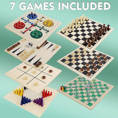 Juegoal 7-in-1 Wooden Board Game Set for Kids Adults, Tabletop Combo Classic Travel Portable Board Games (Chess, Checkers, Chinese Checkers, Backgammon, Parcheesi, Snakes and Ladders, Tic Tac Toe)