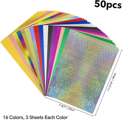 Briartw 20x29cm Hot Foil Paper 50 Sheets Pack Toner Reactive Foil Hot Stamping Foil Paper by Laser Printer and Laminator for Scrapbooking Craft Cardmaking DIY Album (16 Colors Mixed, 50 Sheets)