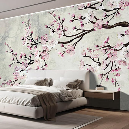 wall26 Large Wall Mural Watercolor Style Ink Painting Pink Cherry Blossom on Vintage Wall Background | Self-Adhesive Vinyl Wallpaper/Removable Modern Wall Decor - 132x144 inches