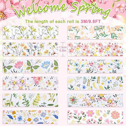 Whaline 12 Rolls Spring Floral Washi Tape Foil Gold Colorful Flowers Masking Tape 15mm Watercolor Plants Spring Decorative Washi Tape Sticker for Holiday Scrapbook Journal DIY Craft Gift Wrapping