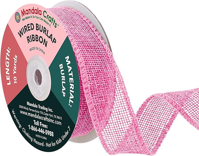 Mandala Crafts Pink Burlap Wired Ribbon 1 Inches Wide Jute Ribbons for Crafts - 10 Yds Roll Rustic Burlap Wrap Trim Ribbons for Wreaths Bows Party Decoration