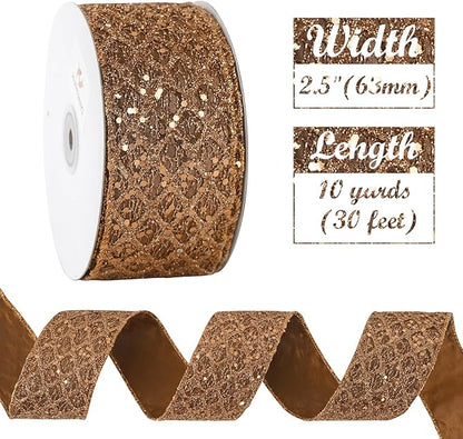 HUIHUANG Glitter Copper Wired Ribbon 2.5 inch Copper Diamond Mesh Wire Edge Ribbon for Christmas Tree, Thanksgiving Fall Decor, Wreaths, Garland, Gift Wrapping, Bows Making -10 Yards