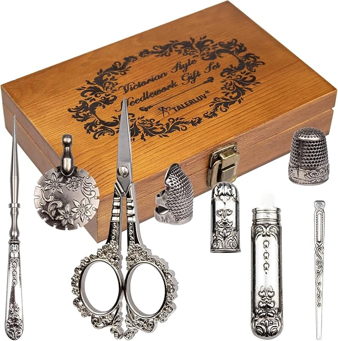Vintage Embroidery Scissors Kit, Victorian Needlework Gift Set with Antique Shear, Thread Cutter, Thimbles, Needles, Awl, Bodkin, Winding Board for Sewing, Knitting, Cross Stitch, Quilting