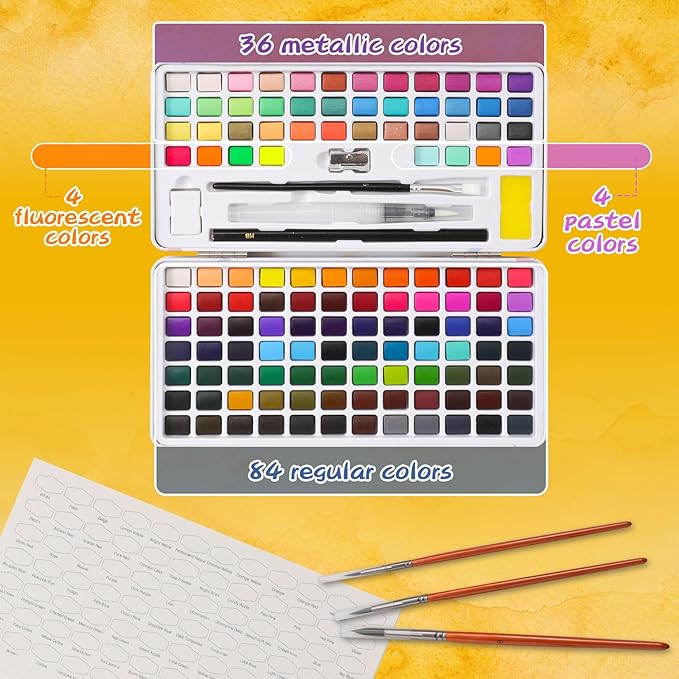 Caliart Watercolor Paint Set, 128 Colors with 4 Brushes Metallic Color Palette Kit, Portable Travel Watercolors Painting Gifts for Adults Artists Painters Beginners Art Supplies