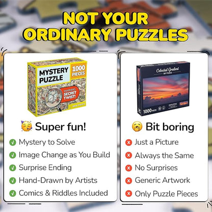 Odd Pieces Jigsaw Puzzles 1000 Pieces - Magic Mystery Story Secret Ending Puzzle - Perfect Game Night for Adults & Kids - Cat Dog Cartoon Theme (Snack Attack)