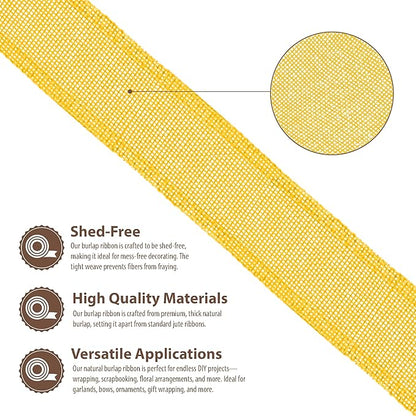 Mandala Crafts Yellow Burlap Wired Ribbon 2 Inches Wide Jute Ribbons for Crafts - 10 Yds Roll Rustic Burlap Wrap Trim Ribbons for Wreaths Bows Party Decoration