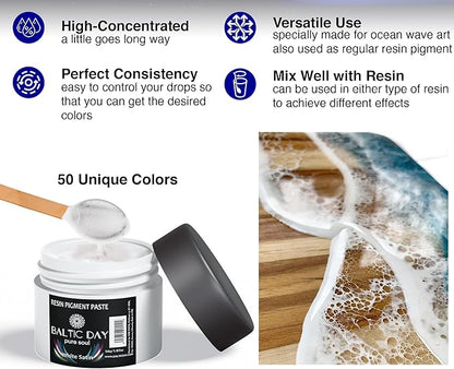 BALTIC DAY 50 Color Epoxy Pigment Paste Set – Opaque Resin Colorant, High Concentration Epoxy Dye & Mica Powder for Resin Art, Jewelry Making, Tumblers, Coasters, River Tables & DIY Crafts