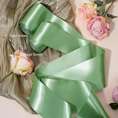 LaRibbons Sage Green Satin Ribbon 4 Inch 10 Yards Double Faced Luxury Light Green Silk Ribbon for Gift Wrapping Flower Bouquets Bow Christmas Wedding Party Decoration