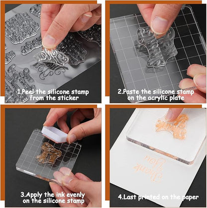 4 Sheets Sentiments Rubber Clear Stamps Set for Card Making and DIY Scrapbooking Journaling 2 Acrylic Stamp Blocks with Grid Lines for Birthday Wedding Wife Husband Anniversary Special Occasion Cards
