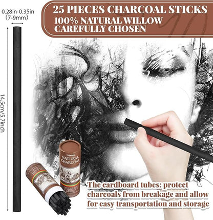 Gueevin 25 Pcs Willow Charcoal Sticks, Willow Charcoal, Artists, Beginners, Students, Perfect for Sketching, Drawing, Shading, and Fine Art Christmas Gifts for Art (7-9mm)