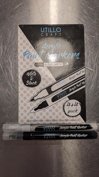White+Black Paint Pen (8-Pack) Extra Fine Tip Made in Japan | Bold Color+100% Coverage | For Rock, Wood, Glass, Paper, Fabric, Canvas, Metal and More! | 0.7mm Paint Pens | Acrylic Paint Pens