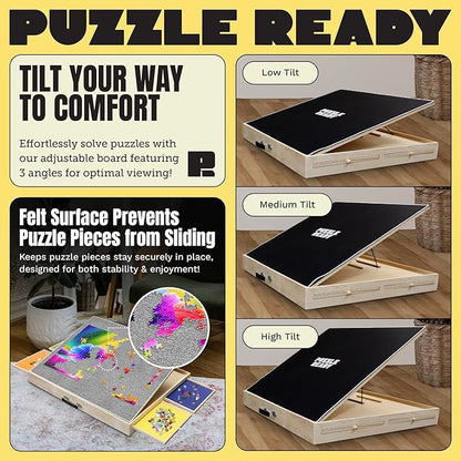 Puzzle Ready Jigsaw Puzzle Table with Drawers - 24x30 in, Wood, 1,000 Pc, 3 Angles - Color-Coded Puzzle Trays for 1,000-Pc Sorting - Tilt Angles for Jigsaw Workstation Table - Portable w/Handle