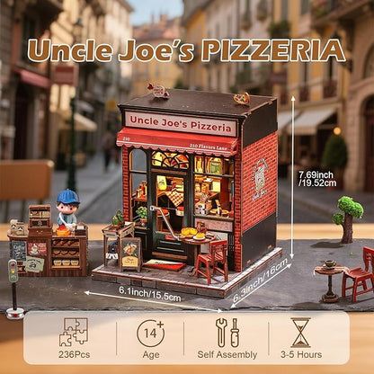 Fsolis Book Nook Kit - 3D Wood Puzzles for Adults, 285 pcs, DIY Bookshelf Scene Miniature Kit, Tiny House Mini Craft Model Gifts for Women (Uncle Joe's Pizzeria)