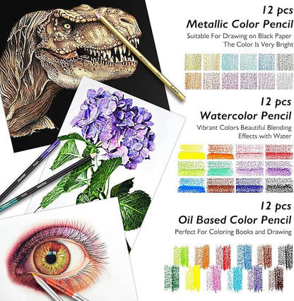 Caliart 176PCS Art Supplies Sketching Kit with 100 Sheets 3-Color Sketch Book, Graphite Colored Charcoal Watercolor & Metallic Pencils, Drawing Supplies Christmas Gifts for Artists Adults Beginners