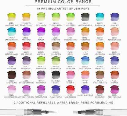 DOODLE HOG 48 Premium Watercolor Pens +2 Highly Blendable Markers, Real Brush Tip Watercolor Markers, Art Supplies for Adults, 48 Colors Gift Box