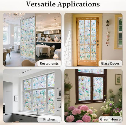 Donox Decorative Window Privacy Film, 3D Floral Stained Glass Window Film Static Cling Rainbow Privacy Sticker for Glass Door Heat Control Anti UV, No Adhesive (Magnolia,17.5 x 157.4 inches)
