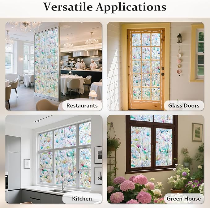 Donox Decorative Window Privacy Film, 3D Floral Stained Glass Window Film Static Cling Rainbow Privacy Sticker for Glass Door Heat Control Anti UV, No Adhesive (Magnolia,23.6 x 157.4 inches)