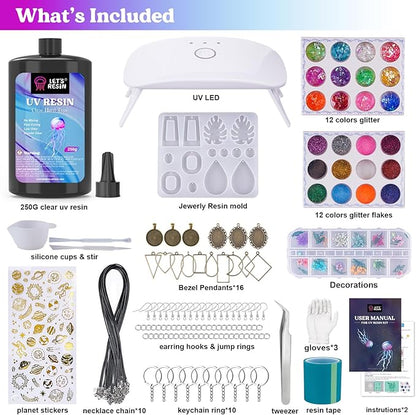 LET'S RESIN Jewelry Making Kit - 153Pcs Crystal Clear 250g UV Resin with UV Lamp,Jewelry Resin Molds, Starter kit for Keychain, Earring Making, Craft Decor