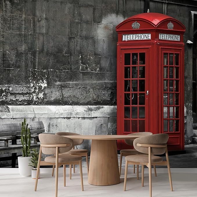wall26 British Phone Booth in London, United Kingdom Removable Wall Mural | Self-Adhesive Large Wallpaper - 120x120 inches