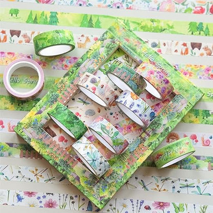 YUBBAEX 10 Rolls Four Seasons Washi Tape Set Green Grass Flowers Masking Decorative Tapes (Spring)