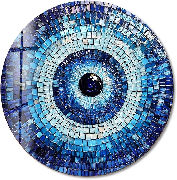 My Photostation.com 31.5''(80cm) Diameter Blue Mosaic Evil Eye Round Glass Wall Art Tempered Glass Printing Wall Decor Large Wall Art Wall Hangings