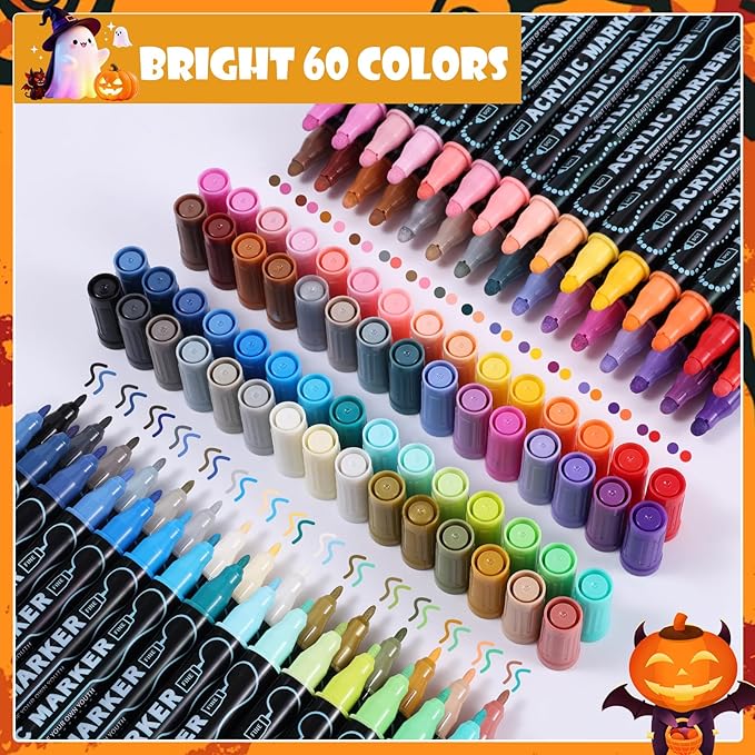 60 Colors Waterproof Dual Tip Acrylic Paint Markers, Dot & Fine Tip Premium Coloring Markers Set for Rock, Glass, Wood, Ceramic Surfaces and DIY Crafts Making Art Supplies