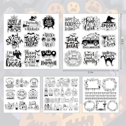 Whaline 5 Sheets Halloween Clear Stamps Gnome Pumpkin Spider Silicone Transparent Stamps Trick or Treat Border Stamp Cards for DIY Card Making Scrapbooking Embossing Album Decor