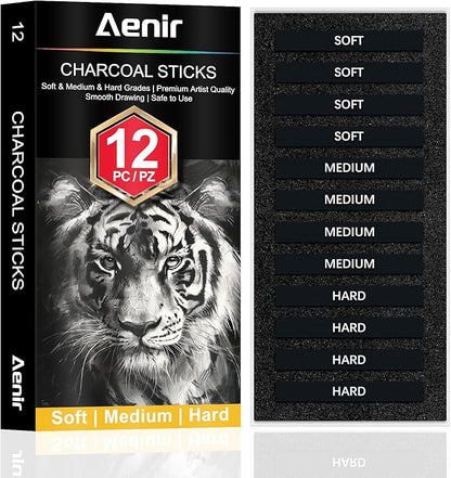 Compressed Charcoal Sticks Set of 12 – Soft, Medium, Hard Charcoal for Drawing, Sketching & Shading – Art Supplies for Artists, Beginners & Adults
