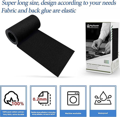 KING MOUNTAIN Canvas Iron on Patch,3"×60",Waterproof 100% Cotton Fabric Repair Patch,Used for Various Sofa,Tent,Clothes,Seats,Suitcases (Black,Waterproof)