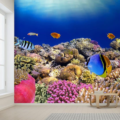 wall26 Wall Sticker/Wall Mural Tropical Blue Fish Coral Reef Ocean Seascape Nature Wilderness, Not Peel and Stick, Non-Woven Wallpaper Decorative for Bedroom, Living Room, Office - 120x144 inches