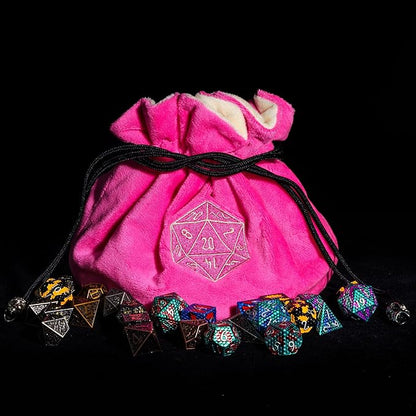 Large Dice Bags with Pockets Pink Storage Bag D20 Logo for DND RPG Game Dices (with 1lb Random DND Dice)
