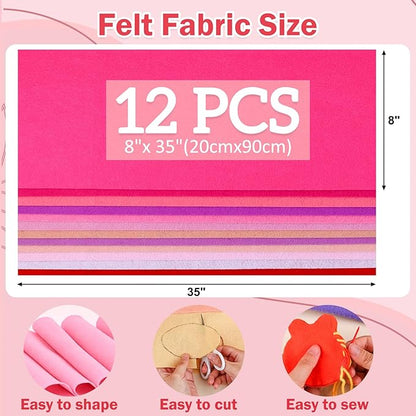 12 Rolls 8"x35"(20.5x90cm) 1.4mm Thick Soft Felt Fabric Sheet 12 Assorted Pink Series Colors Felt Pack for DIY Craft Sewing Squares Nonwoven Patchwork