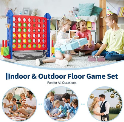 Giant 4 in a Row Game,Adjustable Height Board Jumbo 4-in-a-Row Game with Quick-Release Slider,Mini Basketball,Golf & Ring Toss Set for Family Party, Outdoor & Indoor