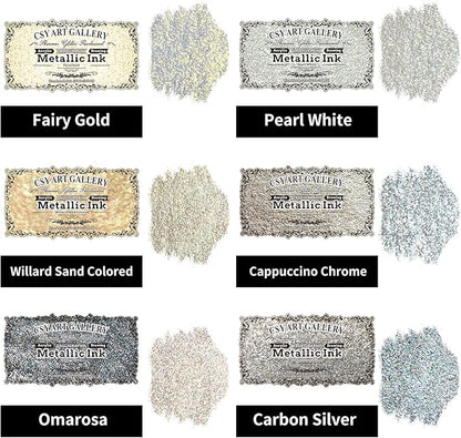 CSY art gallery Metallic -Pearlescent-Glitter Acrylic Ink -Shining Calligraphy Paint -Silver, Rose Gold Rich Pigments Perfect for Artists, Canvas, Rocks, Wood, Fabric, Ceramic (Galaxy Starlight Set)