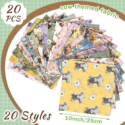 Ganeen 60 Pcs 10 x 10 Inch Highland Cow Quilting Fabric Squares Vintage Highland Cow Fat Patchwork Precut Strips Retro Multicolor Fabric Bundles for Holiday DIY Craft Sewing Quilt Material Handmade