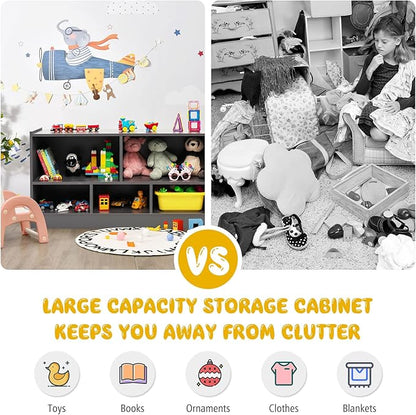 KOTEK Toy Storage Organizer, 5 Cubby Kids Bookshelf, Wooden 3-Tier Bookcase Storage Cabinet, Open Display Book Shelf for Daycare, Nursery, School Classroom, Playroom & Living Room (Grey, 5 Cubes)