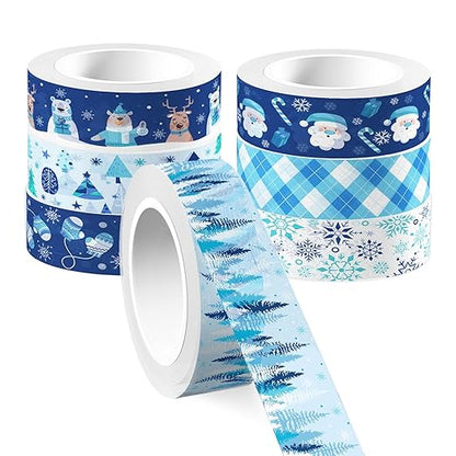 12 Pcs Christmas Washi Tape Blue Snowflake Print Masking Tape Frozen Pattern Decorative Paper Sticker for Christmas Party Holiday Scrapbook Handbook Sticker