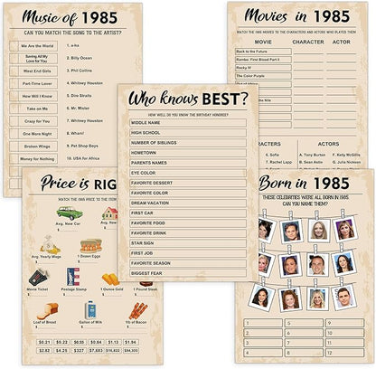 40th Birthday Party Games, Born in 1985 Games Bundle, Set of 5 Activities for 10 Guests, Birthday Party Supplies for Adults, Pack of 50 Cards